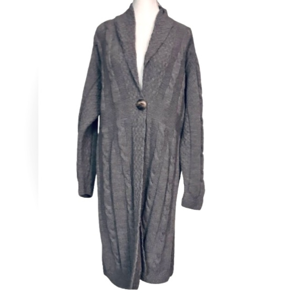 Aran Crafts Wool Gray Cable Knit Cardigan Irish XL 1X 2X Long Button Plus XXL